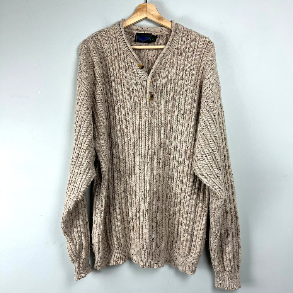 Vtg Etchings Men XL Henley Rolled Neck Sweater Ribbed Knit Fisherman Grunge 90s